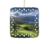 Square Ceramics Christmas Ornament Pendant, Personalized Scenic Hawaii Golf Tropical Xmas Tree Ornaments with Gold String, Hanging Ornament for Home Ornaments, New Year, Holiday Decoration