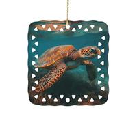 Square Ceramics Christmas Ornament Pendant, Personalized Sea Turtle Swimming Xmas Tree Ornaments with Gold String, Hanging Ornament for Home Ornaments, New Year, Holiday Decoration