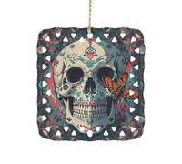 Square Ceramics Christmas Ornament Pendant, Personalized Skeleton Death Moth Xmas Tree Ornaments with Gold String, Hanging Ornament for Home Ornaments, New Year, Holiday Decoration