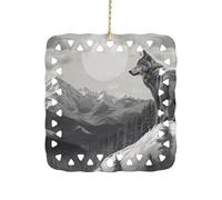 Square Ceramics Christmas Ornament Pendant, Personalized Snow Mountain Lone Wolf Xmas Tree Ornaments with Gold String, Hanging Ornament for Home Ornaments, New Year, Holiday Decoration