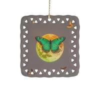 Square Ceramics Christmas Ornament Pendant, Personalized Sun and Moon Green Moth Xmas Tree Ornaments with Gold String, Hanging Ornament for Home Ornaments, New Year, Holiday Decoration