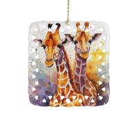 Square Ceramics Christmas Ornament Pendant, Personalized Watercolor Giraffes Xmas Tree Ornaments with Gold String, Hanging Ornament for Home Ornaments, New Year, Holiday Decoration