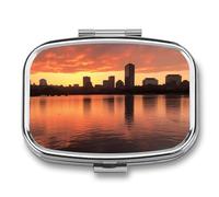Square Charles River City Skyline Sunset Pill Box Small Pill Case with 2 Compartment Portable Metal Medicine Organizer Mini Travel Medicine Vitamin Supplement Container for Pocket Purse