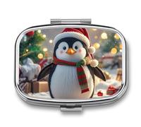 Square Christmas Funny Penguin Pill Box Small Pill Case with 2 Compartment Portable Metal Medicine Organizer Mini Travel Medicine Vitamin Supplement Container for Pocket Purse