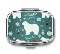 Square Christmas Polar Bear Pill Box Small Pill Case with 2 Compartment Portable Metal Medicine Organizer Mini Travel Medicine Vitamin Supplement Container for Pocket Purse