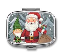 Square Christmas Traditional Gnome Pill Box Small Pill Case with 2 Compartment Portable Metal Medicine Organizer Mini Travel Medicine Vitamin Supplement Container for Pocket Purse