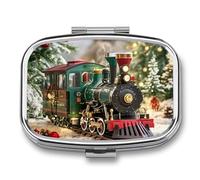 Square Christmas Train Pill Organizer Pill Box 3 Compartment Portable Travel Medicine Case Daily Mini Compact Medicine Container Storage Vitamin Supplement Dispenser