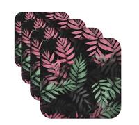 Square Coaster Set of 4, PU Leather Coasters for Drinks, 4" Drink Coasters for Coffee Table, Black Pink Green Leaves Cup Coaster for Tabletop Protection Home Decor Cup Mat Pad
