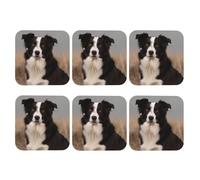 Square Coasters for Drinks Set of 6, PU Leather Coasters for Kinds of Cups, Border Collie Drink Coasters for Coffee Table, 4" Cup Coaster for Tabletop Protection Drinking Cup Mat
