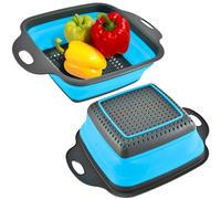 Square Collapsible Colander with Handles - Blue Square Silicone Kitchen Strainers with Plastic Handles Foldable Kitchen Strainer Perfect for Draining Pasta Vegetable and Fruit Blue