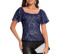 Square Collar Sequin Top Women Glitter Women’s Puff Short Sleeve Sparkling Blouse for Evening Parties Loose Fit Shirt Navy Blue XXL
