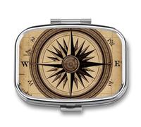 Square Compass Wind Road Map Pill Box Small Pill Case with 2 Compartment Portable Metal Medicine Organizer Mini Travel Medicine Vitamin Supplement Container for Pocket Purse