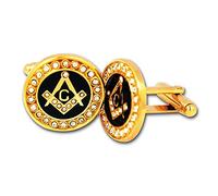 Square & Compass with Rhinestones Gold & Black Masonic Cufflink Set - 3/4" Diameter