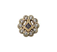 Square & Compass with Rhinestones Round Masonic Lapel Pin - [Gold & Blue][5/8'' Diameter]