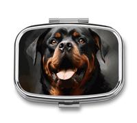 Square Cool Rottweiler Dog Art Pill Box Small Pill Case with 2 Compartment Portable Metal Medicine Organizer Mini Travel Medicine Vitamin Supplement Container for Pocket Purse