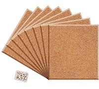 Square Cork Board Tiles with Full Sticky Back, Big Size Cork Board, Small Wall Bulletin Boards Mini Pin Board with 50 Push Pins for Pictures, Photos, Drawing Pack of 8 (30cmx26cmx0.8cm)