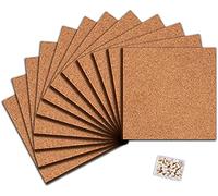 Square Cork Board Tiles with Full Sticky Back, Big Size Cork Board, Small Wall Bulletin Boards Mini Pin Board with 75 Push Pins for Pictures, Photos, Drawing Pack of 12 (21cmx21cmx0.6cm)