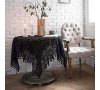 Square Crochet Lace Tablecloth, Black Hollow Lace Table Cloth with Tassels, Vintage Countryside Cotton Blend Lace Overlay Table Cover for Coffee Tea Dining Table, Party Wedding Banquet (33x33 inch)