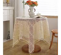 Square Crochet Lace Tablecloth, Hollow Ivory Lace Table Cover with Tassels 120x120cm, Cream Vintage Country Cotton Blend Lace Table Cloth for Tea Coffee Dining Table, Party Wedding, 47"x47"