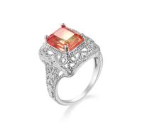 Square Cubic Zirconia Ring for Women Yellow Red Diamond Gradient Color Retro Hollow Pattern Classic Aquamarine Gemstone Ring (7#)