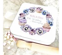 Square Cupcakes & Flowers 10th Wedding Anniversary Personalised Cake Tin Personalised Gift | Custom Gift | Personalized Tin | Cake, Biscuit & Treat Tins | Gift For Her | Gift For Him