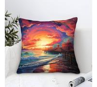 Square Cushion Cases Santa Monica Pier Print Design Linen Pillow Cases with Invisible Zipper For Couch Sofa Bed Size: 45 x 45 cm (18 x 18 inches)