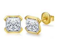 Square Cut Earrings for Women Men 7MM Princess Cut Earrings Gold Plated Sterling Silver Cubic Zirconia Fake Diamond Stud Earrings for Men Hypoallergenic Half Bezel Solitaire Studs Jiahanzb