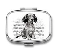 Square Dachshund Music Notes Pill Box Small Pill Case with 2 Compartment Portable Metal Medicine Organizer Mini Travel Medicine Vitamin Supplement Container for Pocket Purse