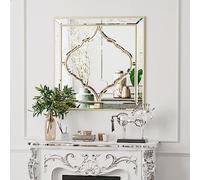Square Decorative Venetian Wall Mirrors: 80x80cm Light Golden Rim Elegant Line Design Hand Polished Bling Crystals Embedded Wall-mounted Mirror Hanging for Hallway,Foyer, Living Room Decoration