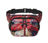 Square Double Layer Abstract Red Dragonfly Print Waist Bag Outdoor Travel Use For Hiking Running Jogging