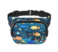 Square Double Layer Waist Bag for Women Men, Blue Underwater World of Fish Print Light Crossbody Fanny Pack, for Running Hiking