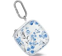 Square Earbud Case Headphone Organizer Ear Bud Case Portable EVA Carrying Box Storage Bag with Carabiner for AirPods Beats Bose Galaxy Buds 3 Data Cable Storage (Blue Flower)