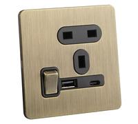 Square Edge Straight Knurled Switches and Sockets For Home Office Bedroom Kitchen Antique Brass（Single 13A socket with USB A & C）