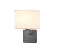 Square Fabric Shade Wall Light Fixture Textile Sconces with USB Port Plug Interface On Off Switch Retro Industrial Mounted Lamp for Bedroom Living Room Office, E27/Chrome