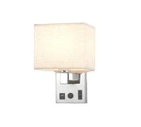 Square Fabric Shade Wall Light Fixture Textile Sconces with USB Port Plug Interface On Off Switch Retro Industrial Mounted Lamp for Bedroom Living Room Office, E27/Chrome