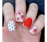 Square Fake Nails Press On Artificial Strawberry Flower False Glues Designs French Tips Nail Coffin Almond French Tip Nail