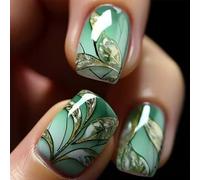 Square Fake Nails Short Press On Nails Leaf Glitter With Gradient Design Green False Nails Acrylic Artificial Glossy Full Cover Spring Glue On Nail Summer Stick On Nail For Women 24pcs
