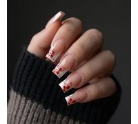 Square False Nail Tips with Floral French Red Flower Gold Bead Design - Medium Length Acrylic Glossy Press On Nails Reusable for Wedding Party Daily Wear Elegant Manicure Set