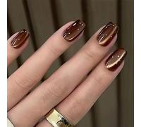 Square False Nails, 24-Piece Short Press-On Set, Brown Metallic Finish | Adhesive tabs and assorted sizes, dark edging, pale gold-toned dots, for everyday wear, work, travel or social occasions
