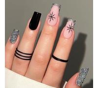 Square False Nails - 24pcs Medium Coffin French Fake Nails - Glitter Sliver Black Snow Design Press on Nail - Full Cover Removable Glue-on Stick on Nails for Women DIY Manicure Nail Art Accessories