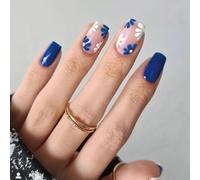 Square False Nails Short - 24Pcs Blue Daisy Flower Press on Nails - Dark Blue White Floral False Nail with Glue - Coffin Glossy Full Cover Nail Sticker Acrylic Stick on Nails for Women Nail Art Summer