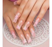 Square False Nails with 3D Floral Design, Soft Pink Ombre French Tip & Sparkling Rhinestones - Long Square Shape for Women, Special Occasions, Weddings & Romantic Events, Glossy Finish