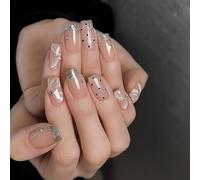 Square False Nails with Short French Tip Design - 24PCS Semi-Transpress On Nails Kit Featuring Silver Glitter, White Marble and Black Polka Dot Patterns, Adorned with Rhinestones for Women