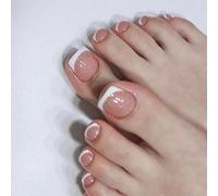 Square False Toenails - 24pcs Toenail Press Ons - French Tips Toe Press On Nails - Shimmer French Fake Toenails - Glossy Stick On Toes with Glue - Full Cover Toe Nails for Women Girls Manicure