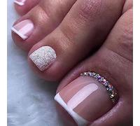 Square False Toenails Short, 24Pcs White Tip French Fake Toe Nails, Nude French Press on Toenails, 12 Sizes Full Cover Stick on Toenails with Nail Glue for Women Girls Toenails Art Nude Pink Glitter