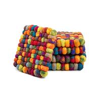 Square Felt Ball Coasters - 100% Merino Wool Table Coasters - Felt Coaster Pads, Absorbent Trivet for Drinks - Heat Resistant, Thick & Durable Hand Felted in Nepal by Woolygon- Multicolor - Set of 5