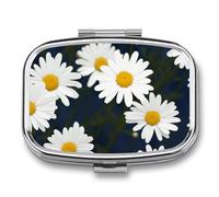 Square Flowers Daisy Pill Box Small Pill Case with 2 Compartment Portable Metal Medicine Organizer Mini Travel Medicine Vitamin Supplement Container for Pocket Purse