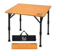 Square Folding Camping Table w/ Bamboo Worktop - Large - 90cm x 90cm - Adjustable Height - Rustproof - Lightweight - Storage Bag Included - OLPRO