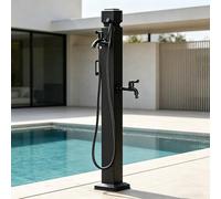 Square Freestanding Water Faucet Post, Black Metal Garden Water Column with Double Faucets, Vertical Outdoor Water Hydrant with Hose Storage, Rust-Proof for Outdoor Use(Style 4,Height: 95cm/37.4in)