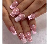 Square French Tip False Nails - Pink Coffin Press on Nails with 3D Hear Diamond Design - Medium Gradient Glossy Fake Nails with Glue - Acrylic Reusable Stick-on Tips for Women & Girls DIY Nail Art Kit